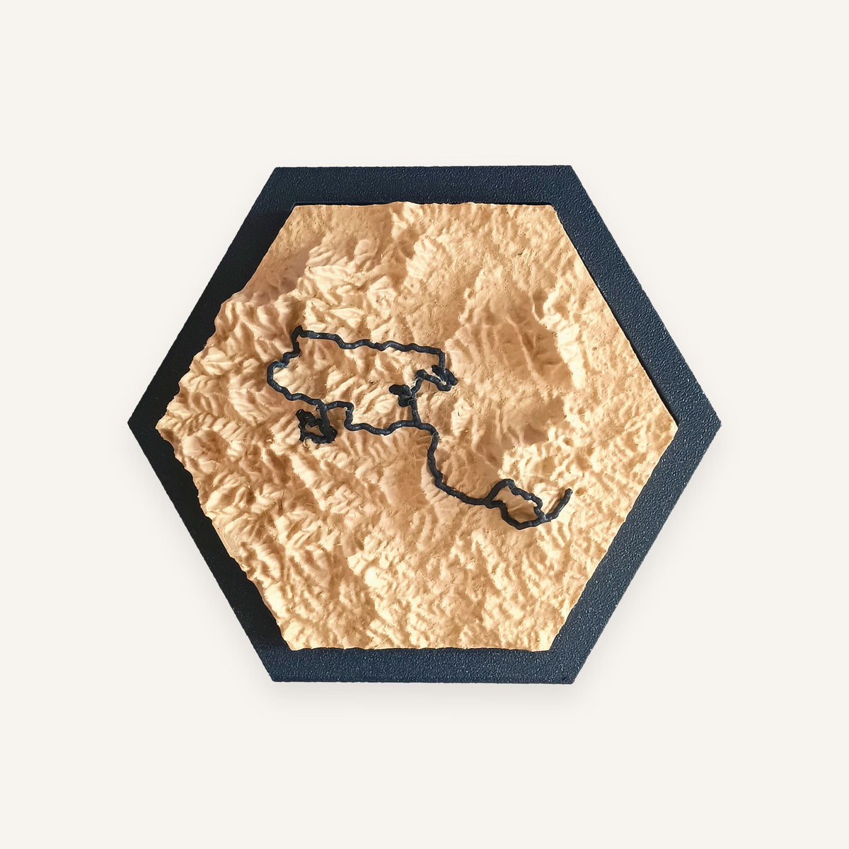 Terrain Tile: sand-coloured 3D terrain with a raised navy route line, in a Navy hexagonal frame
